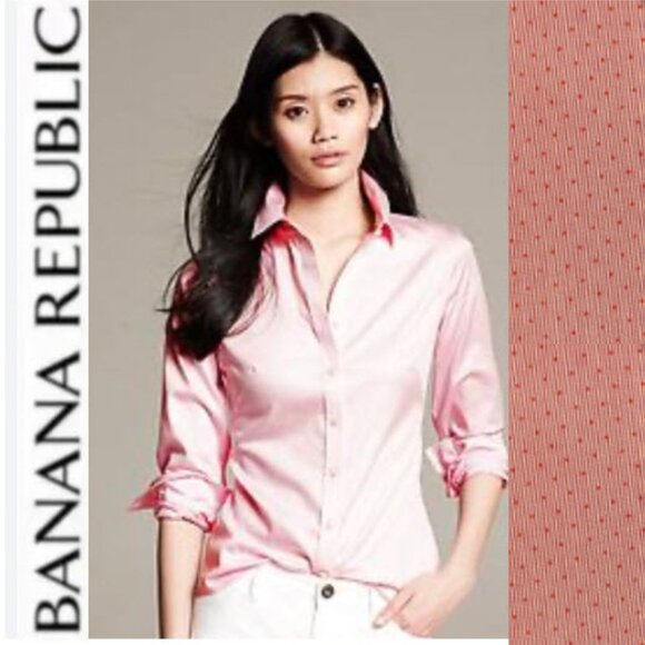 Banana Republic Pink Striped Polka Dot Shirt Size 10P button-down - Picture 1 of 15